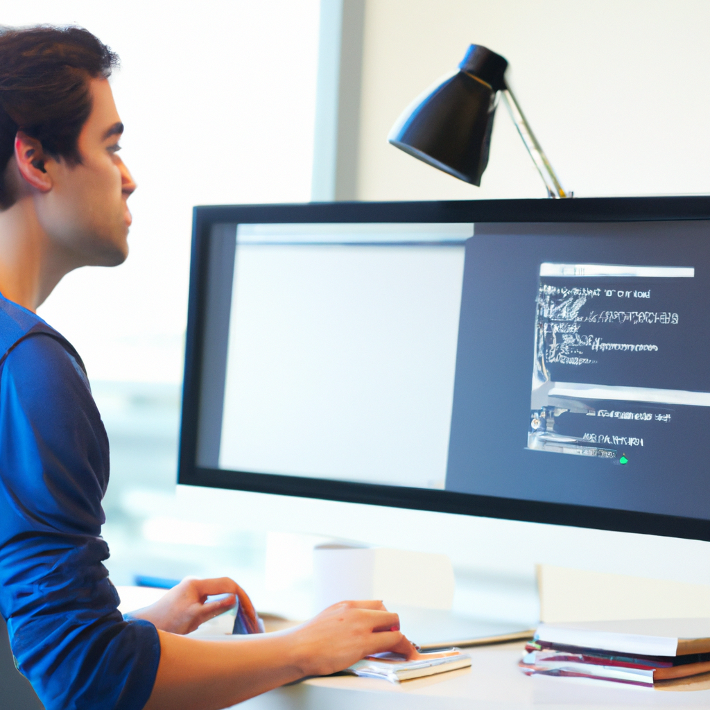 web developer sitting at computer with html code on his monitor