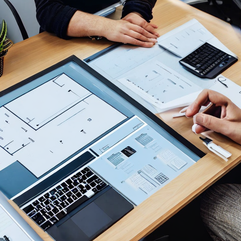 website ux/ui design templates on a drafting table in a modern office