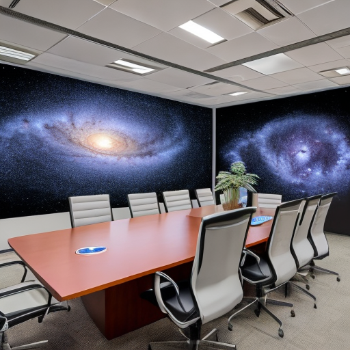 a conference room with an image of the milky way projected on a screen