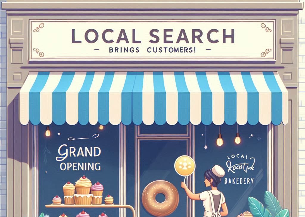 A local boutique bakery. Midfield: A shop owner is putting up a "Grand Opening" banner outside of her shop. Background: The words "Local Search Brings Customers!" are floating above the store. Ultra high resolution, precise and detailed.