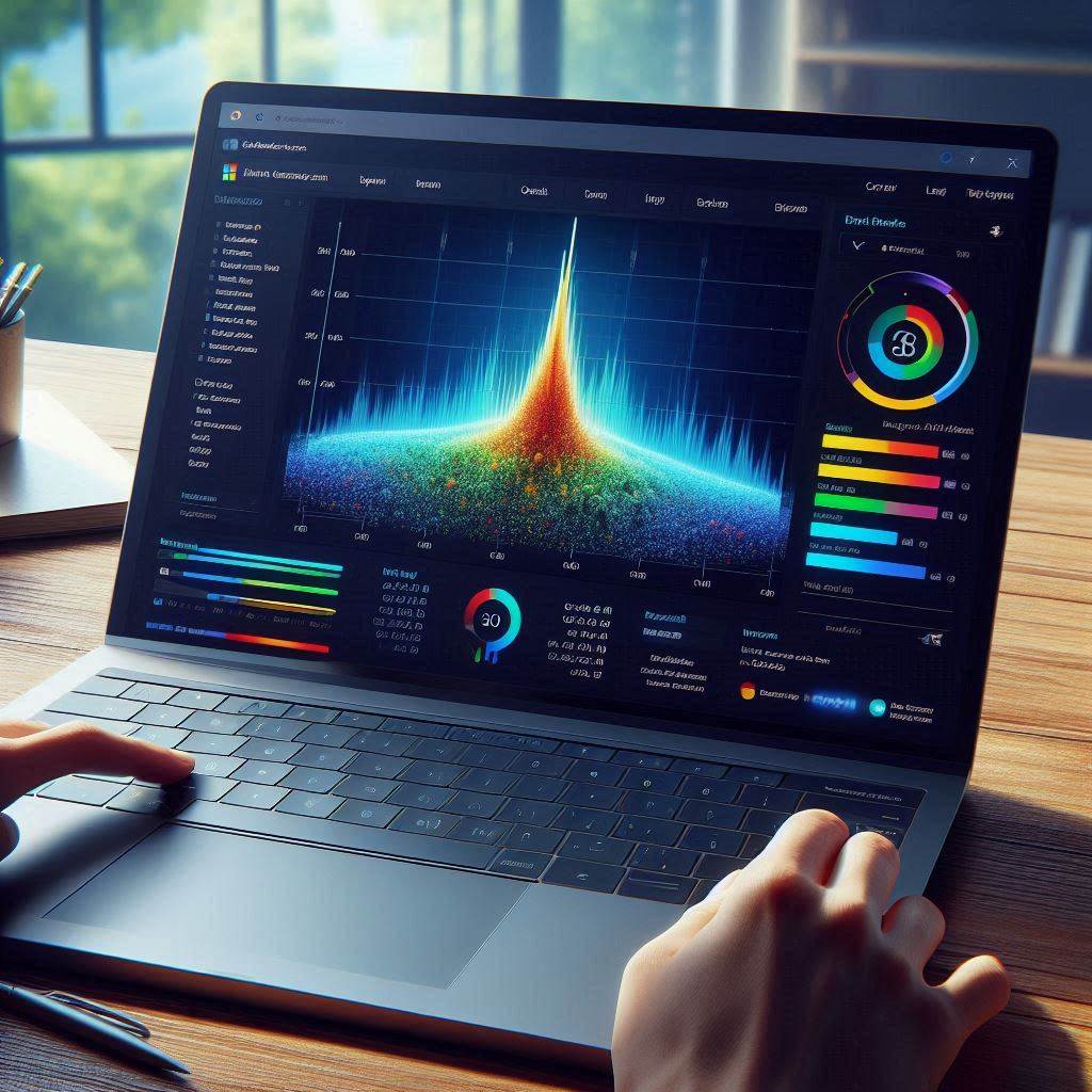 Photograph. Laptop Screen. The screen is displaying the Microsoft Clarity interface, with a heatmap of user activity on a webpage. Ultra high resolution, ultra sharp, crisp details, extremely realistic and accurate.