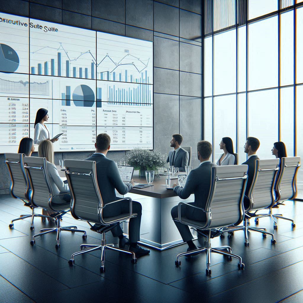 Photograph. A modern looking executive suite conference room. Midfield: staff seated around a sleek conference table while the AdOps specialist presents the monthly traffic numbers from Google Tag Manager on a large screen