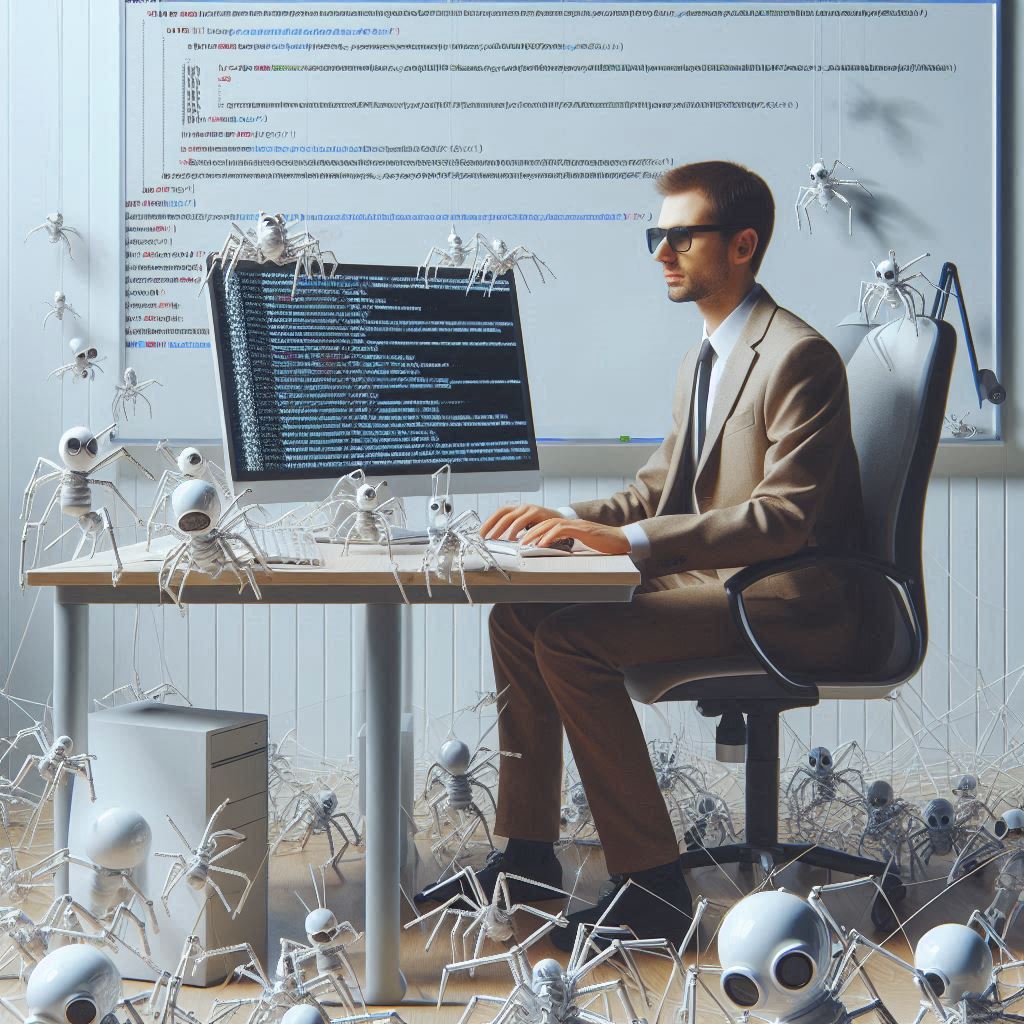 A web developer sitting at a desk while tiny spider robots "crawl" his website on his computer screen