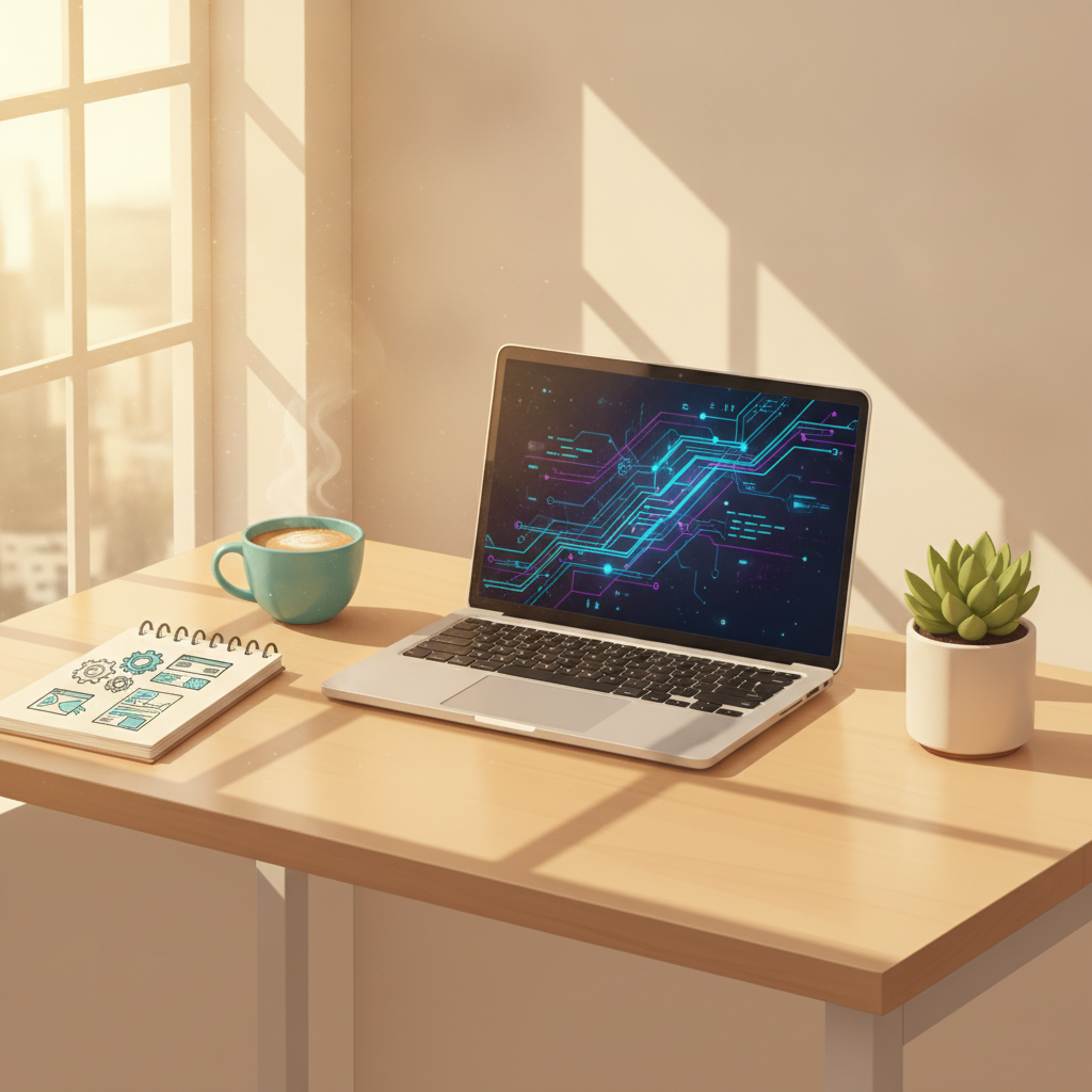 A warm home-office desk scene